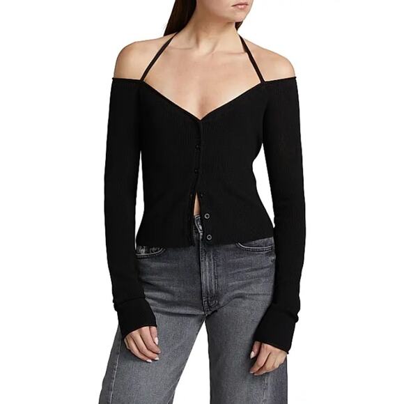 Good American Women Black Stretch Knit Off-the-Shoulder Slim Halter Top Size M - Picture 1 of 5